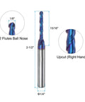 Two Pack Ball Nose End Mill Cnc Router Bit One Eighth Inch Cutting Diameter One Sixteenth Inch Radius One Quarter Inch Shank Two And A Half Inch Total Length Up Cut Two Flutes Solid Carbide Nano Coated Milling Tool showing close-up of two flutes, shank diameter, and upcut design