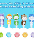 Assorted animal-themed kids handheld shower heads with duck-shaped cartoon face, tot friendly bath toy style water flow.