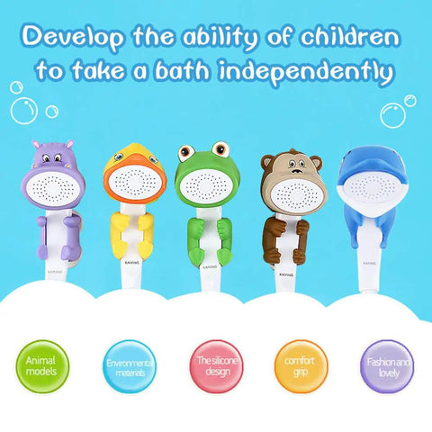 Assorted animal-themed kids handheld shower heads with duck-shaped cartoon face, tot friendly bath toy style water flow.