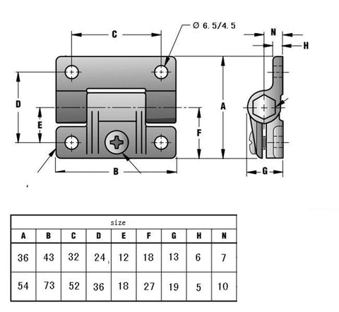 Front and side views of a six-piece plastic Z-shaped torque-damping hinge stop set in black and white.