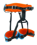 Orange and blue ultra lightweight half body climbing harness for kids and teens cushioned comfort waist belt adjustable fit high strength polyester safe rappelling and tree climbing gear arborist grade safety harness for outdoor adventures.