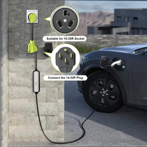 Plug And Play Nema 10-30p To 14-50r Ev Charging Adapter Cord, 30 Amp Dryer Plug to 50 Amp EV station with clear 10-30R and 14-50P plugs.