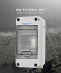 Three Way MCB Distribution Box With DIN Rail IP65 Waterproof Enclosure For Indoor And Outdoor Use Tough As Nails PC Plus ABS Housing Dustproof Weatherproof Electrical Panel Box, shown in front view, highlighting waterproof feature.