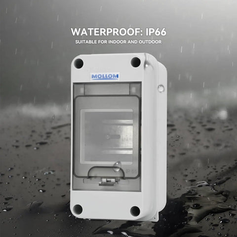 Three Way MCB Distribution Box With DIN Rail IP65 Waterproof Enclosure For Indoor And Outdoor Use Tough As Nails PC Plus ABS Housing Dustproof Weatherproof Electrical Panel Box, shown in front view, highlighting waterproof feature.