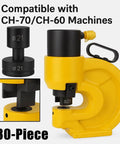 30 Piece Hydraulic Hole Punch Die Set For CH70 And CH70L with yellow punch machine and compatible die, designed for steel and copper.