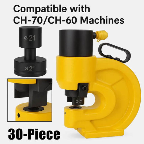 30 Piece Hydraulic Hole Punch Die Set For CH70 And CH70L with yellow punch machine and compatible die, designed for steel and copper.