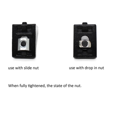 Close-up of slide nut and drop-in nut assembly from 200 Piece 2020 Aluminum Extrusion Hardware Kit With M5 T Slot Nuts Bolts Screws And Slide Nuts For 20 Series And 2040 V Slot Projects Includes Wrench In An Organized Clear Case For Easy Drop In Assembly.