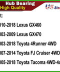 Front Wheel Bearing And Hub Assembly 4WD 6 Lug Replacement Fit Toyota Tacoma 4Runner FJ Cruiser Lexus GX460 GX470 displayed chart