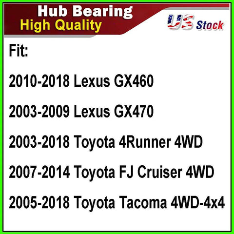 Front Wheel Bearing And Hub Assembly 4WD 6 Lug Replacement Fit Toyota Tacoma 4Runner FJ Cruiser Lexus GX460 GX470 displayed chart