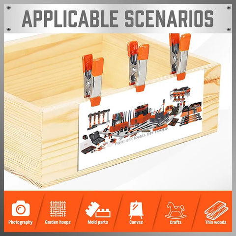 10 Piece 2 Inch Spring Clamp Set attached to a wooden box, showcasing nickel plated steel build with ergonomic handles for crafts.