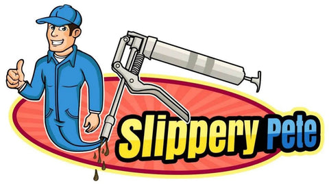 Cartoon character holding a Pistol Grip Grease Gun Workhorse With Heavy Duty Steel Build And Balloon Plunger Technology.