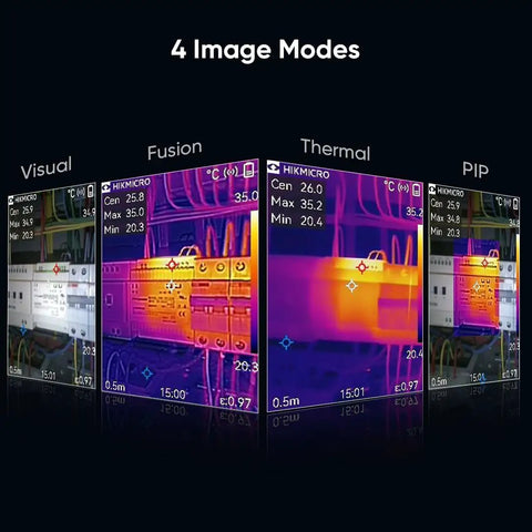 B10 Pro Grade Thermal Imaging Camera With 320 By 240 Super IR Resolution showing four modes: Visual, Fusion, Thermal, PIP.
