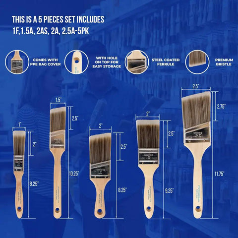 Must-Have 5 Piece Paint Brush Set With 1 Inch Flat, 1.5 Inch Angle, 2 Inch Flat, 2 Inch Angle Stubby, And 2.5 Inch Angle Brushes
