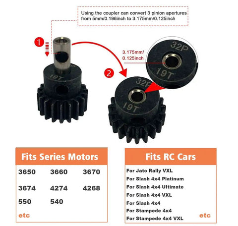 54T 0.8 32 Pitch Metal Spur Gear Set with 15T 17T 19T Pinions and 3.175mm Coupler for RC vehicles compatibility chart