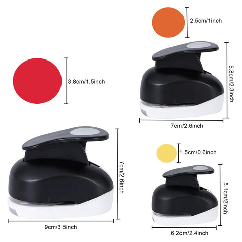 Three Pack Circle Punches Set For Paper Crafts 1.5 Inch, 1 Inch, And 0.6 Inch Round Hole Punches showing punch sizes and dimensions.