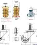 Technical drawing of 1 Inch Silent Swivel Rubber Wheel Caster With T Nut M6x15mm Stem for Furniture Workbench Table and Cabinet