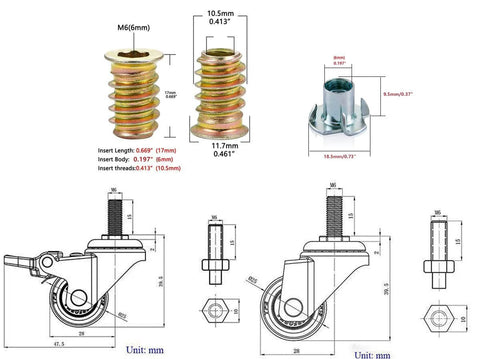 Technical drawing of 1 Inch Silent Swivel Rubber Wheel Caster With T Nut M6x15mm Stem for Furniture Workbench Table and Cabinet