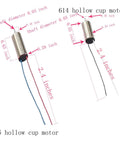 Diagram of 614 and 716 hollow cup motors, showing dimensions and wire lengths for 716 And 614 Hollow Cup Drone Propellers For RC Aircraft Quadcopters Spare Parts Kit With 4 Blades And 4 Core Micro Motors 0.8mm Shaft Compatible Durable High Performance Set For FPV Drones And Hobby Quadcopters.