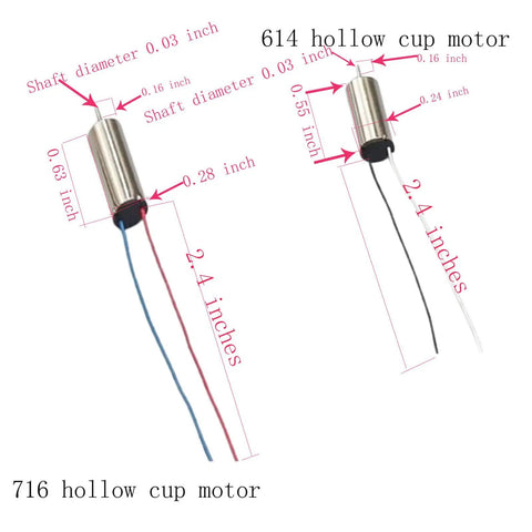 Diagram of 614 and 716 hollow cup motors, showing dimensions and wire lengths for 716 And 614 Hollow Cup Drone Propellers For RC Aircraft Quadcopters Spare Parts Kit With 4 Blades And 4 Core Micro Motors 0.8mm Shaft Compatible Durable High Performance Set For FPV Drones And Hobby Quadcopters.