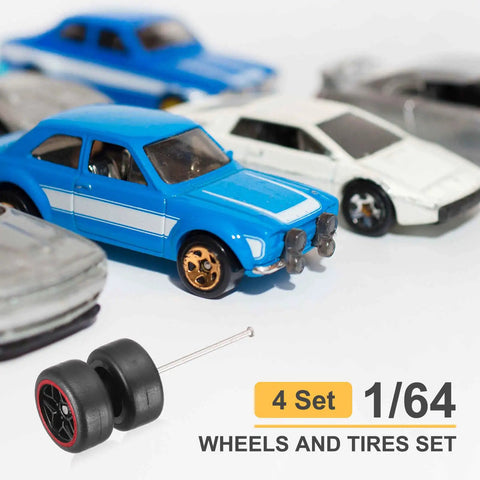 Four Piece 1 By 64 Scale Wheel And Tire Set With Real Riders Rims And Axles For RC Diecast Cars DIY Model Black Five Star Red Line Finish