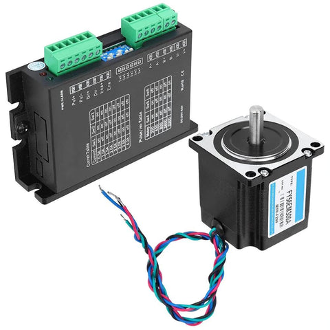 Nema 23 stepper motor with driver module and wiring harness, black motor and green terminal blocks for packaging automation.