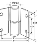 Stamped Stainless Steel Satin Finish Left Hand Door Hinges 3 in x 3-3/8 in, 1/8 in Thick Dimensions and Installation Guide