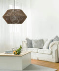 Malay 1-Light Pendant Light With Natural Twine Shade And Black Hanging Cord above modern living room