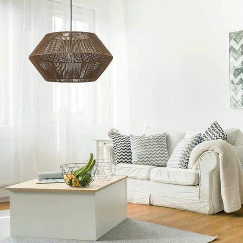 Malay 1-Light Pendant Light With Natural Twine Shade And Black Hanging Cord above modern living room