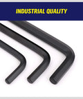 Close-up of 32 Piece Hex Key Set with Torque Handle showing black oxide finish, high leverage long and short keys, industrial quality.