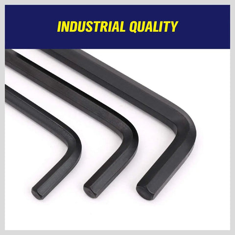 Close-up of 32 Piece Hex Key Set with Torque Handle showing black oxide finish, high leverage long and short keys, industrial quality.