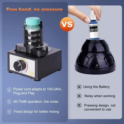 Comparison between two paint shakers; Vortex Mixer For DIY Projects And Lab Use Hands Free Paint Shaker 300 To 2400 RPM Three Speed Stages Fits 10 To 100 Milliliters versus another device.