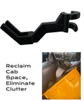 Hard Hat Headrest Hook Organizer For Truck Cab, 3-Second Install Helmet Holder Mount with hard hat attached, black metal