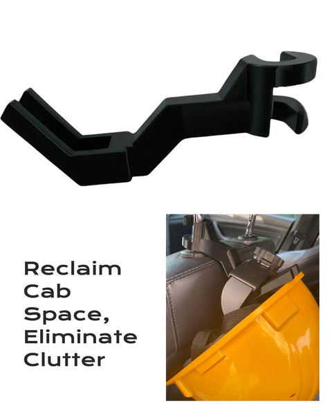 Hard Hat Headrest Hook Organizer For Truck Cab, 3-Second Install Helmet Holder Mount with hard hat attached, black metal
