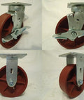 Six Inch Heavy Duty Ductile Steel Caster Set Kingpinless Wheel Brakes Tough As Nails Two Thousand Pounds Each Four Pack includes two swivel wheels.