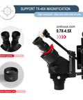 7X-45X Jewelry Stereo Microscope With LED Ring Light And 165 Mm Working Distance, Smooth Zoom For Jewelry Making, Engraving, Gem Inspection, Repair, And Fine Bench Work With 56 LED Illumination. Black stereo microscope with 0.5X lens and WF10X/20mm eyepieces