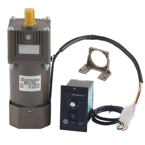 Electric Gear Motor 220V AC 90W Single Phase Asynchronous High Torque Gearbox Motor With Deceleration And Adjustable Speed 5K 10K 20K 50K 100K RPM, control unit, and mounting bracket.