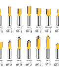 70 Piece Half Inch Shank Tungsten Carbide Router Bit Set for precise cuts in plywood and hardwood displayed with sizes