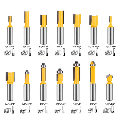 70 Piece Half Inch Shank Tungsten Carbide Router Bit Set for precise cuts in plywood and hardwood displayed with sizes