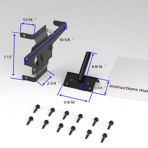 Vinyl Fence Gate Hardware Kit Matte Black For Double Gates Includes Four Hinges One Latch And One Drop Rod All In One Beast Setup For PVC Fencing And Vinyl Fence Projects image showing hinge and rod measurements.