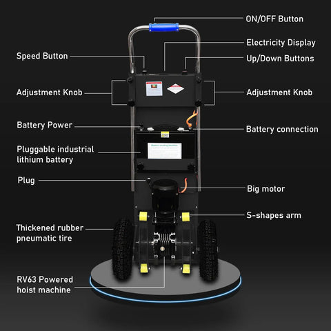 Heavy Duty Electric Stair Climbing Hand Truck With 880 Lb Capacity And Powerful Motor, detailed view of controls, battery, and wheels.