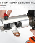 Pro Level Kick Butt Electric Hydraulic Crimping Tool With Rechargeable 18V Lithium Battery crimping copper lug with clamp head.