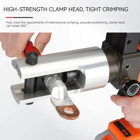 Pro Level Kick Butt Electric Hydraulic Crimping Tool With Rechargeable 18V Lithium Battery crimping copper lug with clamp head.