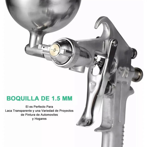 Close-up of pneumatic paint spray gun with 400ML aluminum cup, 1.5mm tip for auto and furniture jobs.