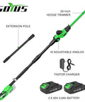 Cordless 18 Inch Hedge Trimmer With Extension Pole And 16 Foot Reach, Multi Angle Cutting Includes Two 2.0Ah Batteries