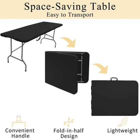 Portable 60 Inch Folding Table With Steel Legs Black Lightweight For Indoor Outdoor Parties Weddings Dining And Events Carries Handle Easy Setup Fits Up To Six People Go To Choice For Any Occasion folded and unfolded