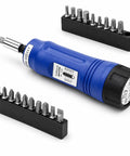 21 Piece Adjustable Torque Screwdriver Set With 1 Quarter Inch Drive Long Reach Shank Inch Pounds Precision Meter Includes Philips Flat Head Hex Bits 10 To 50 In Lb Range Ergonomic Handle And Storage Case, showing screwdriver with blue handle and torque meter, surrounded by various bits.
