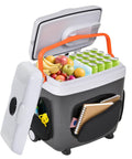 32 Quart Electric Car Cooler Warmer With Smooth Rolling Wheels Keeps Food And Drinks Ice Cold with fruits and drinks inside.