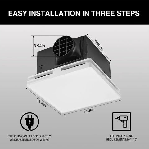 Quiet Bathroom Exhaust Fan With Dope LED Light Ceiling Mount Ventilation dimensions shown