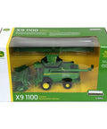 Prestige X9 1100 Farm Style Combine With Die Cast Body And Clear Windows in packaging, green model, dual front wheels visible