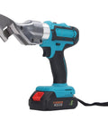 Fafeicy 21V Cordless Electric Metal Shears With Led Light And Variable Speed side view showing steel cutting blade and battery.